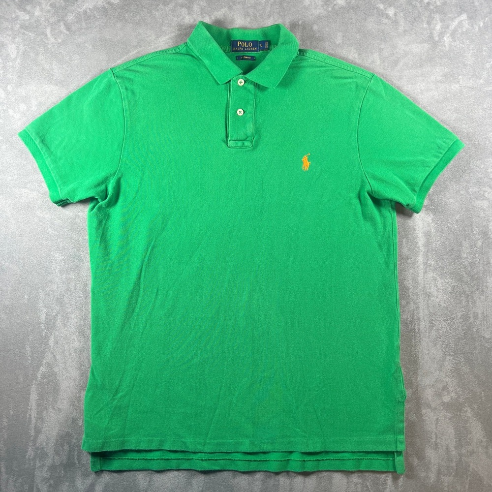Polo Ralph Lauren Mens Large Green Custom Fit Polo Shirt Orange Pony Cotton
